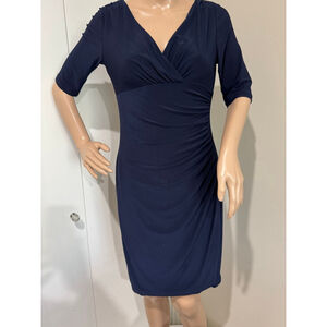 Women's Lauren Ralph Lauren empire waist ruching stretch Navy Midi Dress Size 4